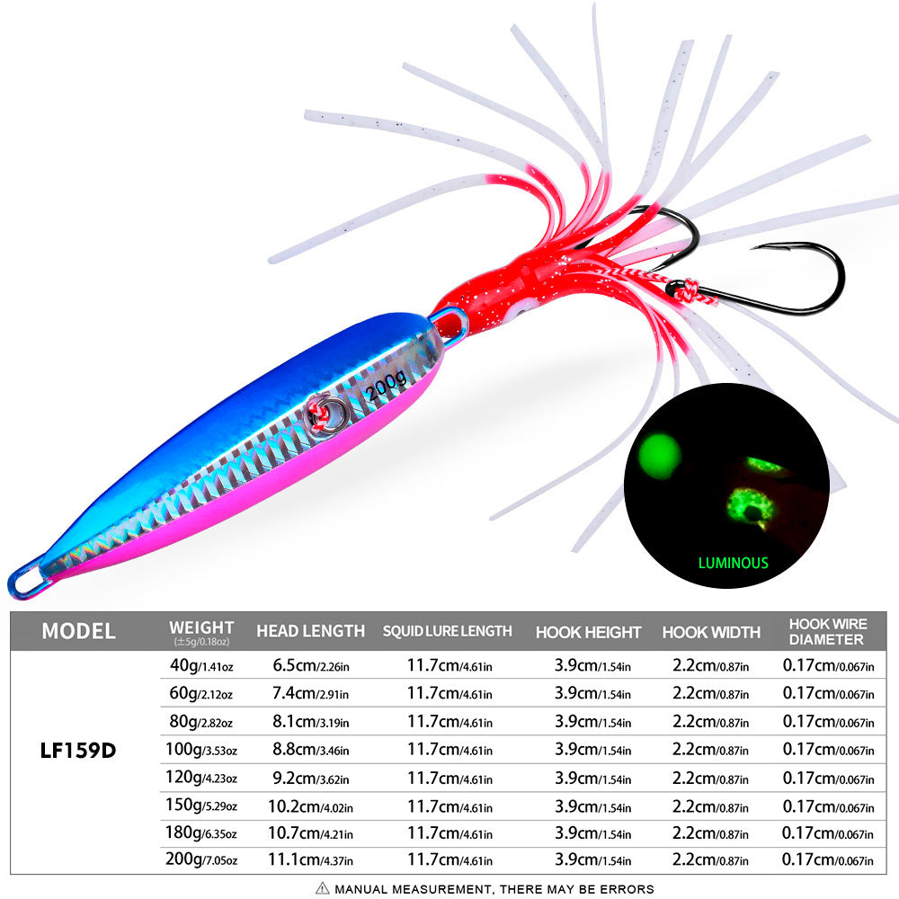 KATYUSHA Lead Jigging Lure with Squid Skirt, 40g-200g, A-E Colors Saltwater Vertical Jigging Bait, Squid Skirt Design