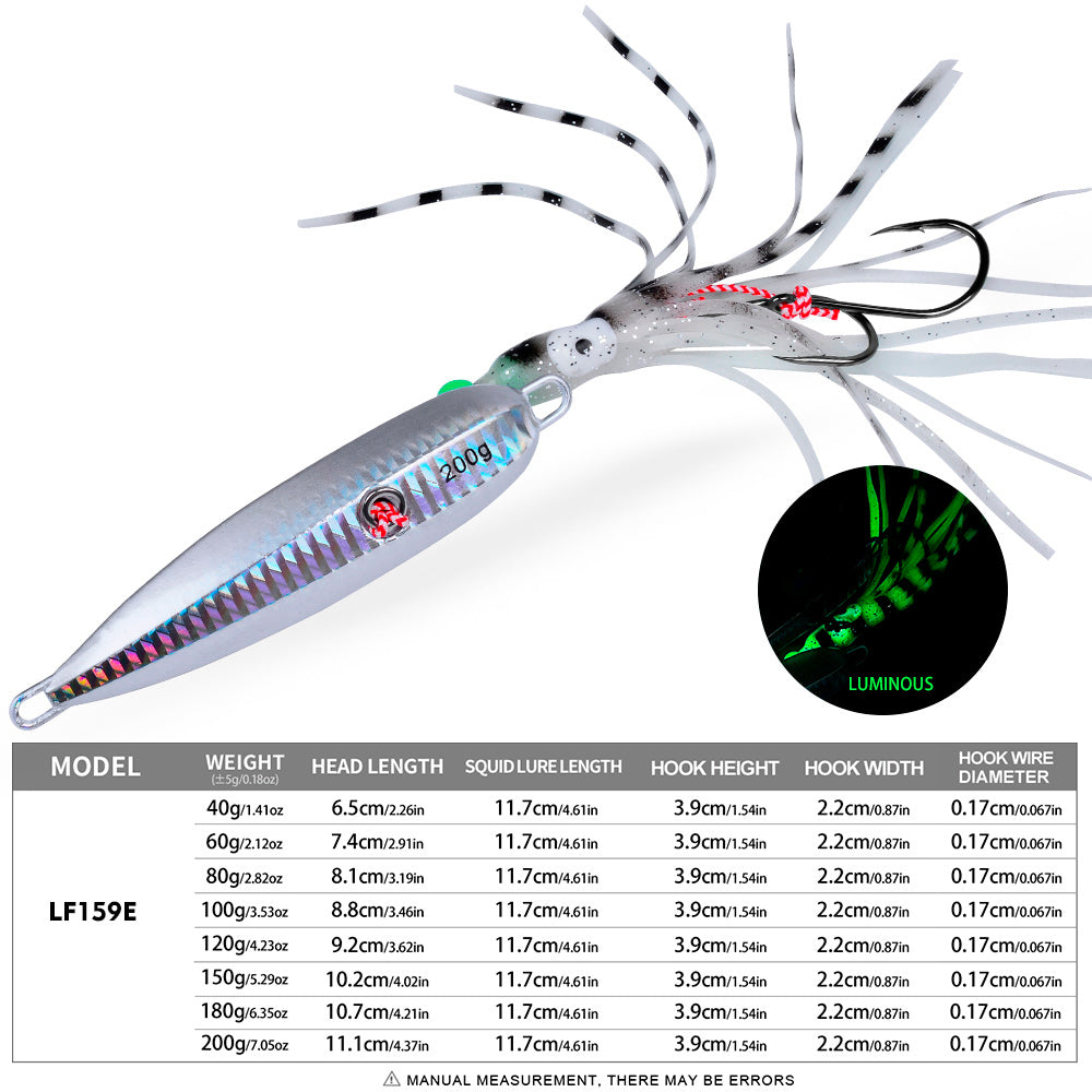 KATYUSHA Lead Jigging Lure with Squid Skirt, 40g-200g, A-E Colors Saltwater Vertical Jigging Bait, Squid Skirt Design