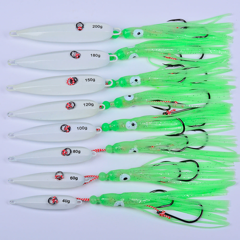 KATYUSHA Lead Jigging Lure with Squid Skirt, 40g-200g, A-E Colors Saltwater Vertical Jigging Bait, Squid Skirt Design