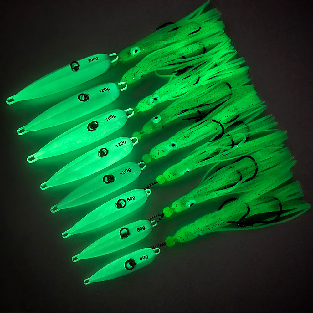 KATYUSHA Lead Jigging Lure with Squid Skirt, 40g-200g, A-E Colors Saltwater Vertical Jigging Bait, Squid Skirt Design