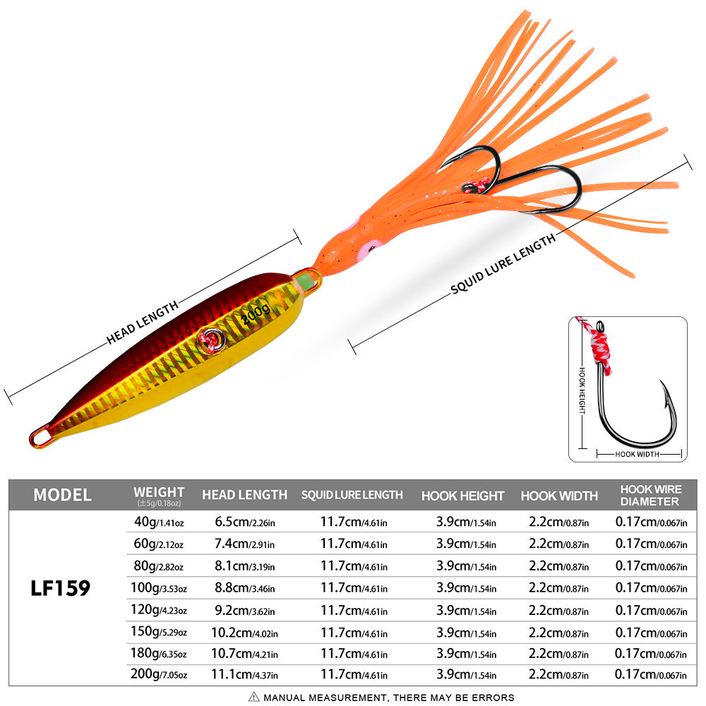 KATYUSHA Lead Jigging Lure with Squid Skirt, 40g-200g, A-E Colors Saltwater Vertical Jigging Bait, Squid Skirt Design
