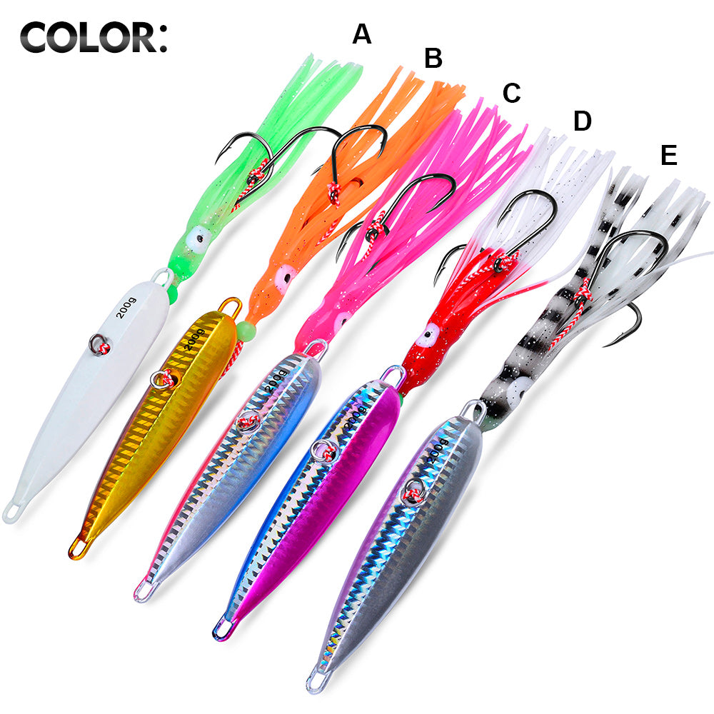 KATYUSHA Lead Jigging Lure with Squid Skirt, 40g-200g, A-E Colors Saltwater Vertical Jigging Bait, Squid Skirt Design