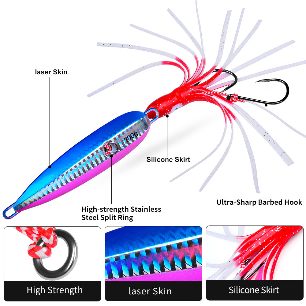 KATYUSHA Lead Jigging Lure with Squid Skirt, 40g-200g, A-E Colors Saltwater Vertical Jigging Bait, Squid Skirt Design