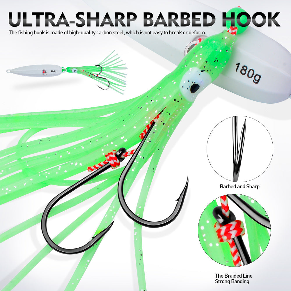 KATYUSHA Lead Jigging Lure with Squid Skirt, 40g-200g, A-E Colors Saltwater Vertical Jigging Bait, Squid Skirt Design