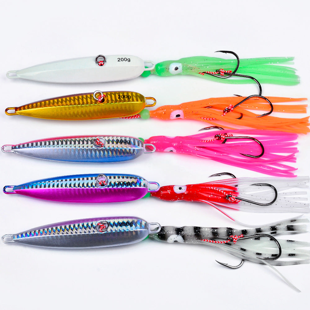 KATYUSHA Lead Jigging Lure with Squid Skirt, 40g-200g, A-E Colors Saltwater Vertical Jigging Bait, Squid Skirt Design