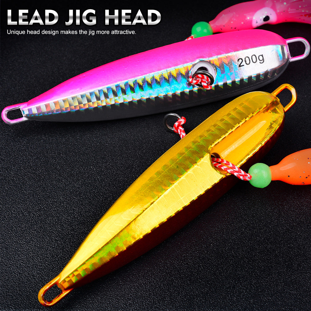 KATYUSHA Lead Jigging Lure with Squid Skirt, 40g-200g, A-E Colors Saltwater Vertical Jigging Bait, Squid Skirt Design