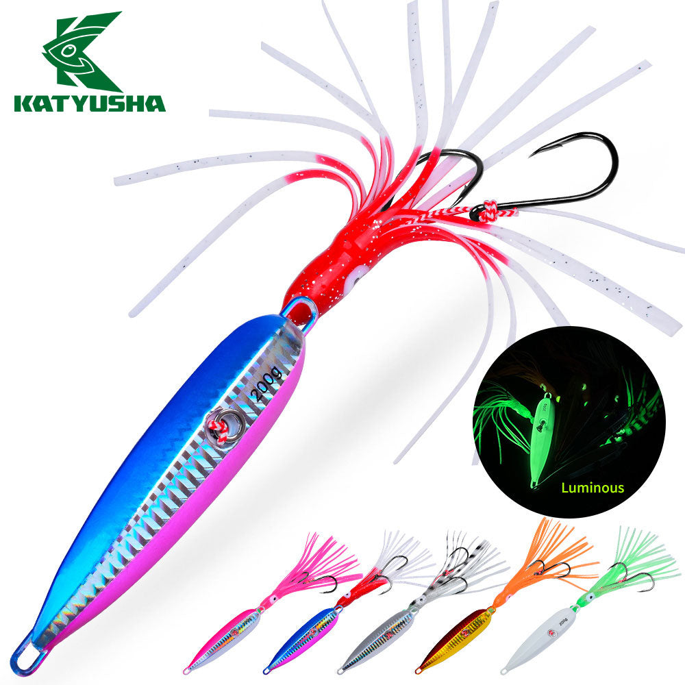 KATYUSHA Lead Jigging Lure with Squid Skirt, 40g-200g, A-E Colors Saltwater Vertical Jigging Bait, Squid Skirt Design