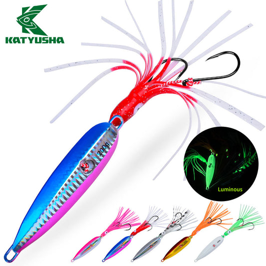 KATYUSHA Lead Jigging Lure with Squid Skirt, 40g-200g, A-E Colors Saltwater Vertical Jigging Bait, Squid Skirt Design