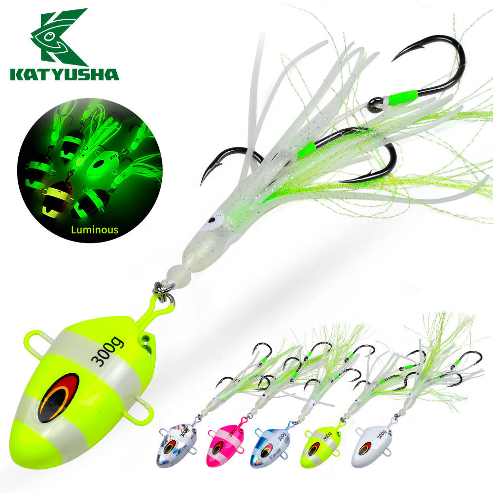 KATYUSHA Lead Kabura Jig with Squid Skirt ; Triple Assist Hooks 3D Big Eye Saltwater Big Game Fishing Bait 100g-300g