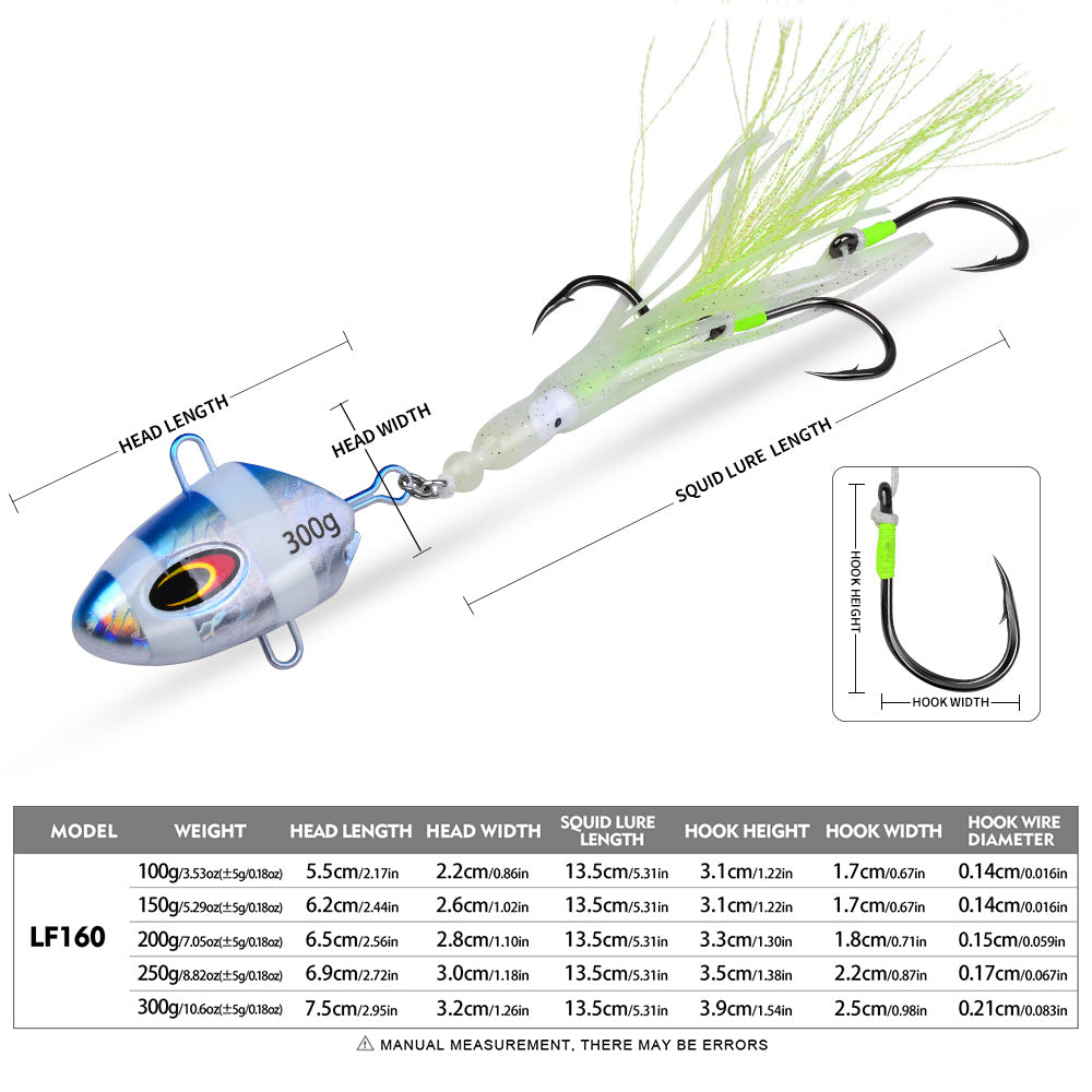 KATYUSHA Lead Kabura Jig with Squid Skirt ; Triple Assist Hooks 3D Big Eye Saltwater Big Game Fishing Bait 100g-300g