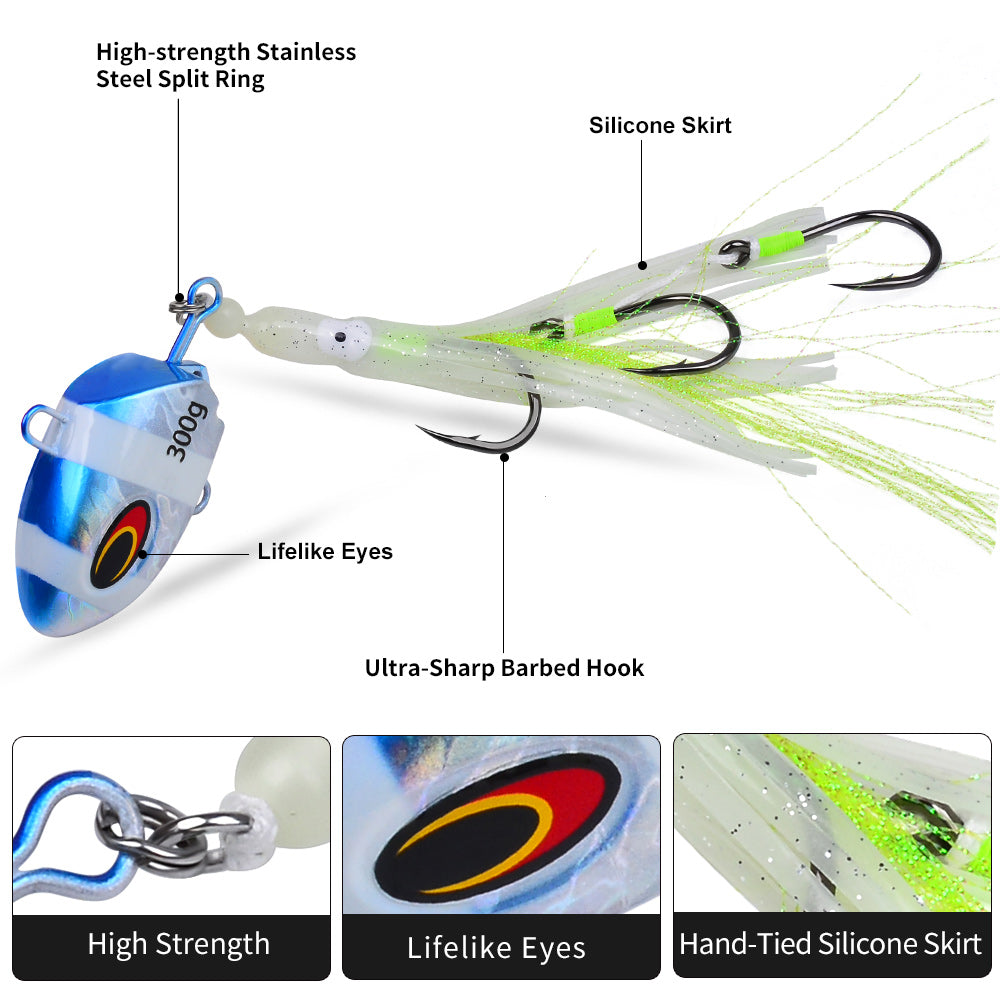 KATYUSHA Lead Kabura Jig with Squid Skirt ; Triple Assist Hooks 3D Big Eye Saltwater Big Game Fishing Bait 100g-300g