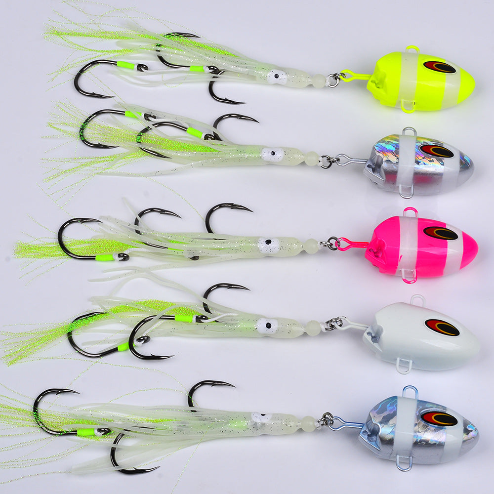 KATYUSHA Lead Kabura Jig with Squid Skirt ; Triple Assist Hooks 3D Big Eye Saltwater Big Game Fishing Bait 100g-300g