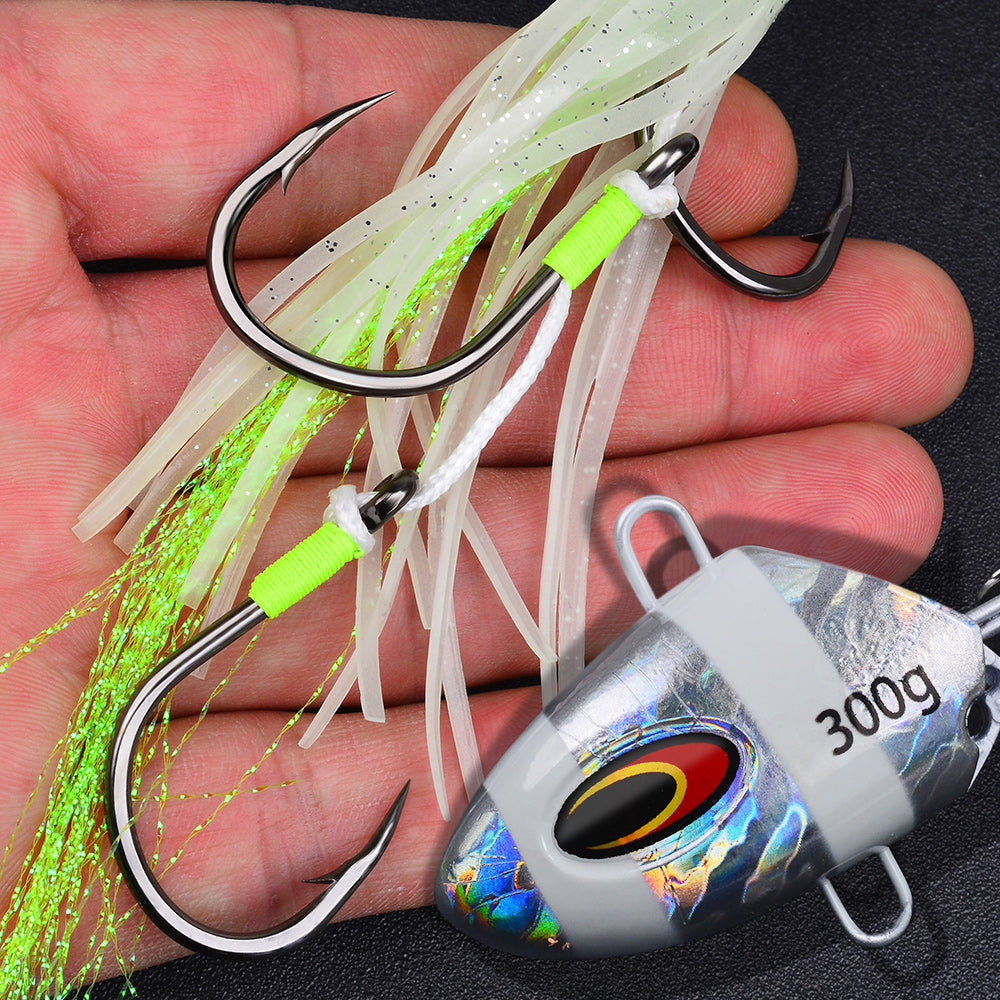 KATYUSHA Lead Kabura Jig with Squid Skirt ; Triple Assist Hooks 3D Big Eye Saltwater Big Game Fishing Bait 100g-300g