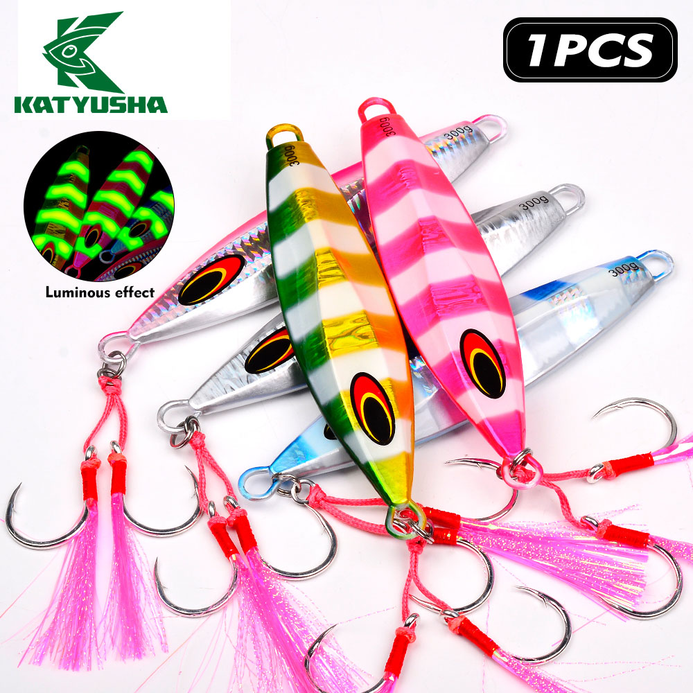 KATYUSHA Saltwater Luminous Striped Vertical Jigging Bait 100/150/200/250/300g Fast Sinking Jig for Offshore Fishing£¨with Assist Hook£©