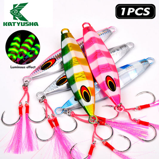 KATUYSHA Saltwater Luminous Striped Vertical Jigging Bait 100/150/200/250/300g Fast Sinking Jig for Offshore Fishing（with Assist Hook）