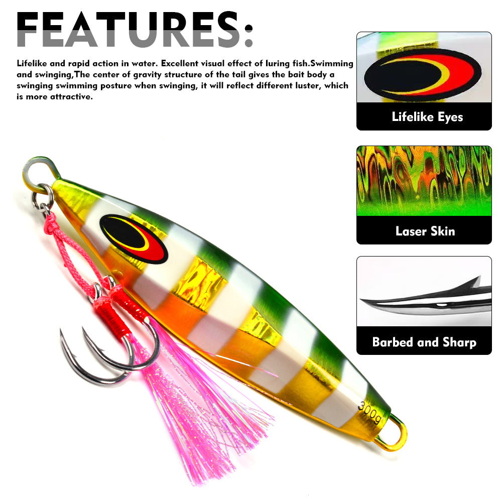 KATYUSHA Saltwater Luminous Striped Vertical Jigging Bait 100/150/200/250/300g Fast Sinking Jig for Offshore Fishing£¨with Assist Hook£©