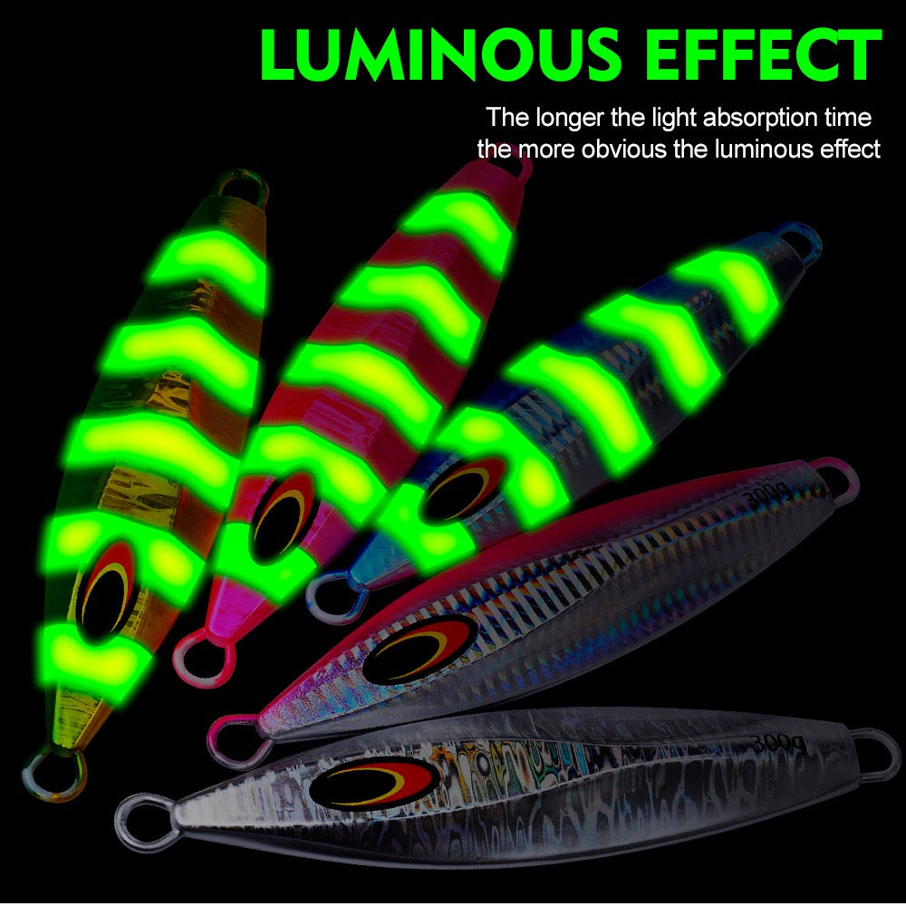 KATYUSHA Saltwater Luminous Striped Vertical Jigging Bait 100/150/200/250/300g Fast Sinking Jig for Offshore Fishing£¨with Assist Hook£©