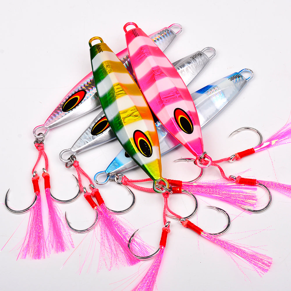 KATYUSHA Saltwater Luminous Striped Vertical Jigging Bait 100/150/200/250/300g Fast Sinking Jig for Offshore Fishing£¨with Assist Hook£©