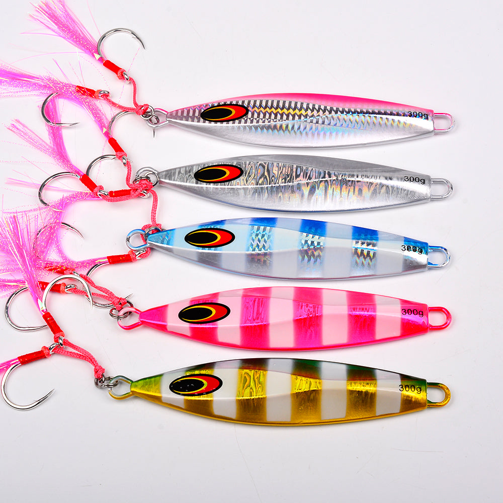 KATYUSHA Saltwater Luminous Striped Vertical Jigging Bait 100/150/200/250/300g Fast Sinking Jig for Offshore Fishing£¨with Assist Hook£©