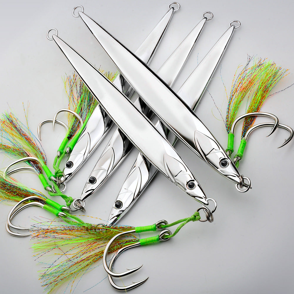 KATUYSHA Saltwater Vertical Jigging Bait, All Silver Streamlined Fish Design Silver Metal Jig Lure, 180g-300g, with Feather Assist Hook