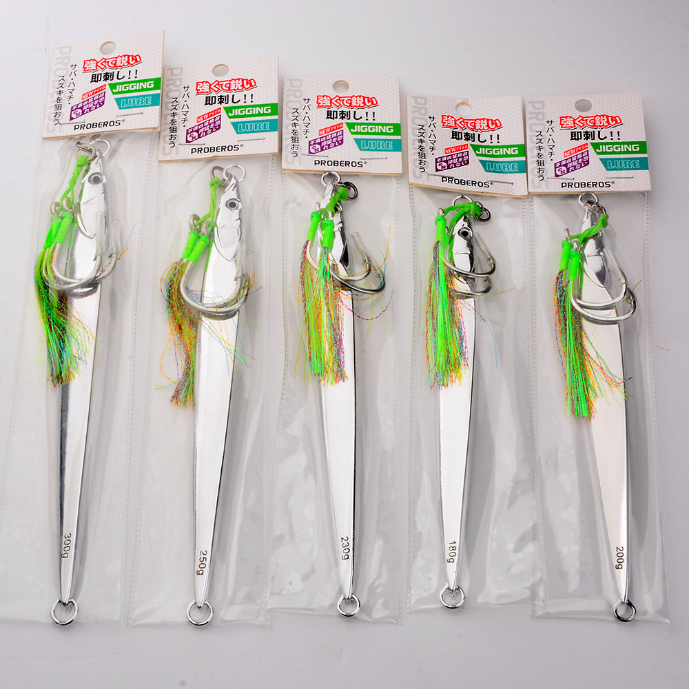 KATUYSHA Saltwater Vertical Jigging Bait, All Silver Streamlined Fish Design Silver Metal Jig Lure, 180g-300g, with Feather Assist Hook