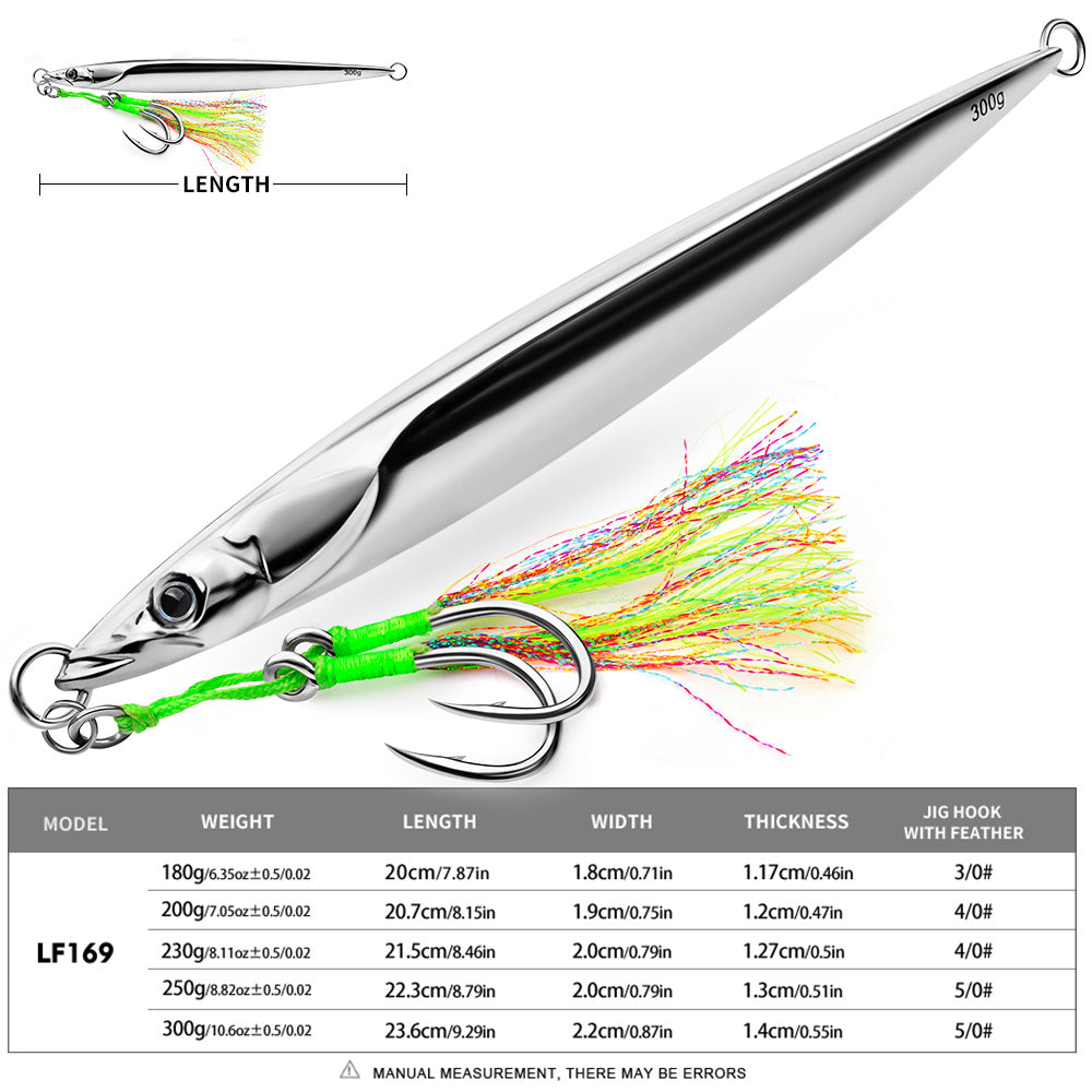 KATUYSHA Saltwater Vertical Jigging Bait, All Silver Streamlined Fish Design Silver Metal Jig Lure, 180g-300g, with Feather Assist Hook