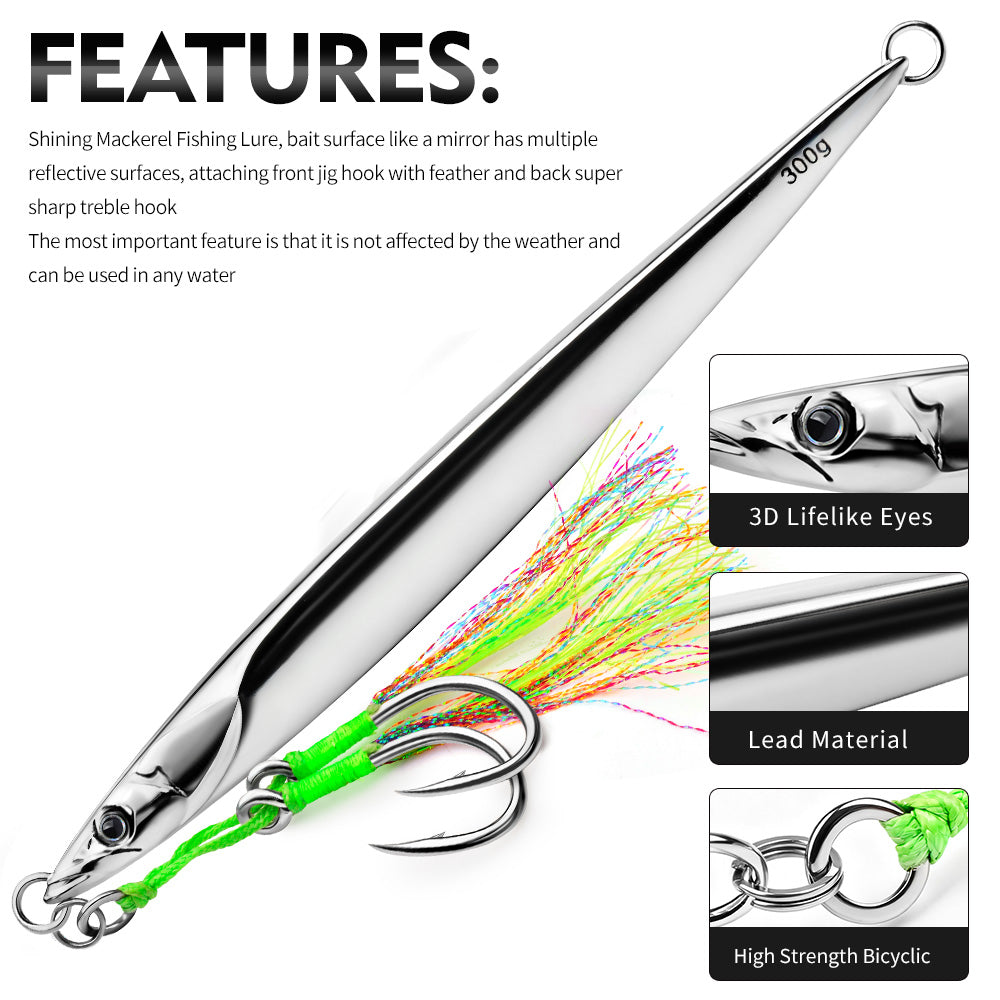 KATUYSHA Saltwater Vertical Jigging Bait, All Silver Streamlined Fish Design Silver Metal Jig Lure, 180g-300g, with Feather Assist Hook