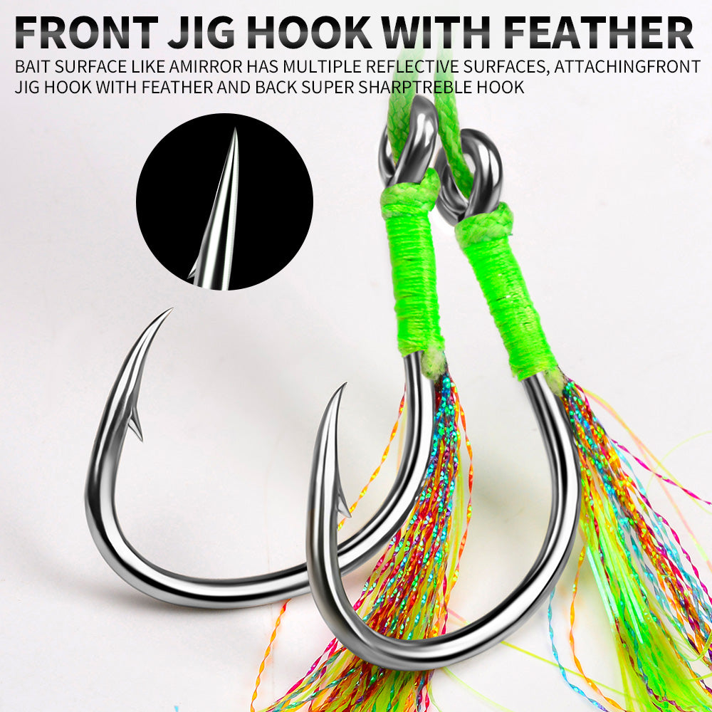 KATUYSHA Saltwater Vertical Jigging Bait, All Silver Streamlined Fish Design Silver Metal Jig Lure, 180g-300g, with Feather Assist Hook