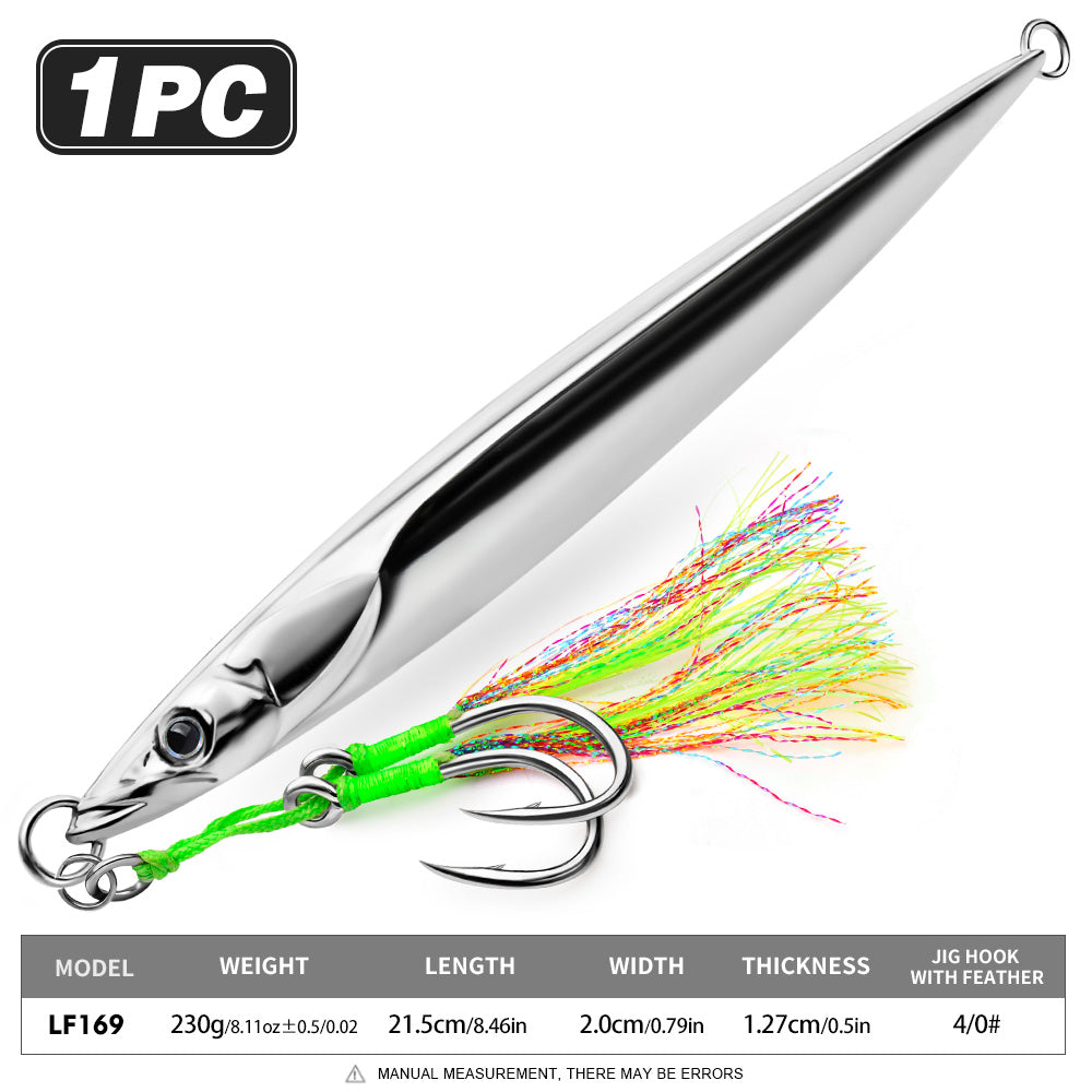 KATUYSHA Saltwater Vertical Jigging Bait, All Silver Streamlined Fish Design Silver Metal Jig Lure, 180g-300g, with Feather Assist Hook