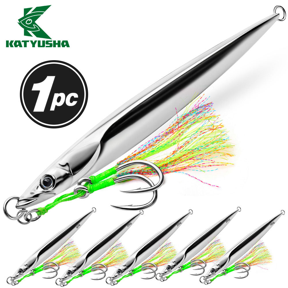 KATUYSHA Saltwater Vertical Jigging Bait, All Silver Streamlined Fish Design Silver Metal Jig Lure, 180g-300g, with Feather Assist Hook