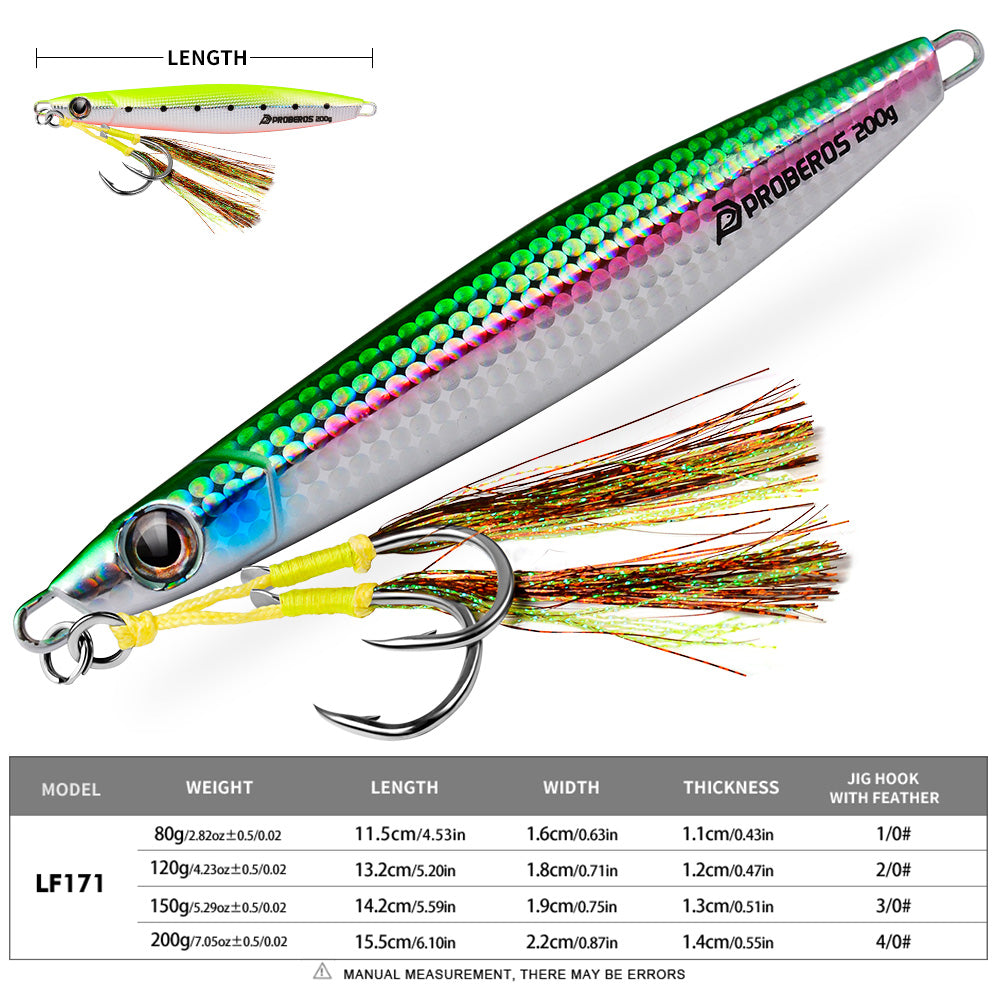 KATYUSHA Saltwater Vertical Jigging Bait, Holographic Gradient Fish Scale Design Metal Jig Lure, 80g-200g, 5 Colors Available with Feather Assist Hook