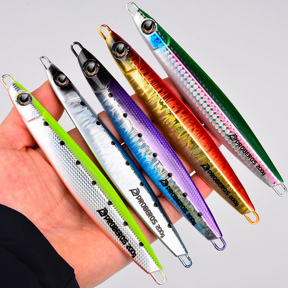 KATYUSHA Saltwater Vertical Jigging Bait, Holographic Gradient Fish Scale Design Metal Jig Lure, 80g-200g, 5 Colors Available with Feather Assist Hook