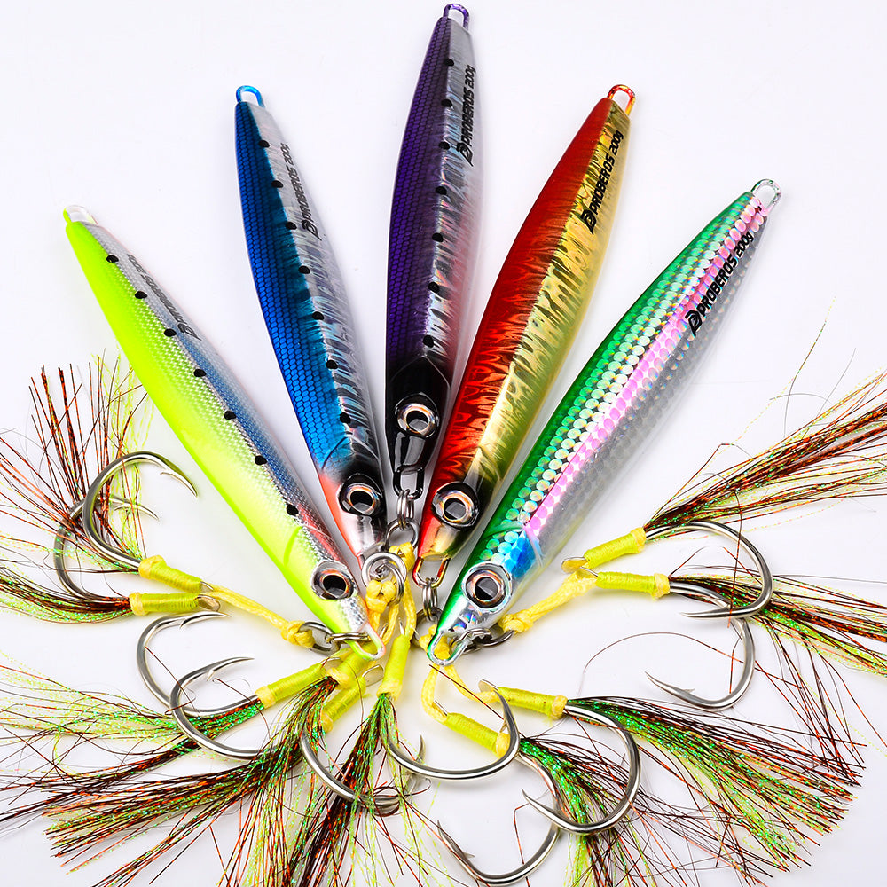 KATYUSHA Saltwater Vertical Jigging Bait, Holographic Gradient Fish Scale Design Metal Jig Lure, 80g-200g, 5 Colors Available with Feather Assist Hook