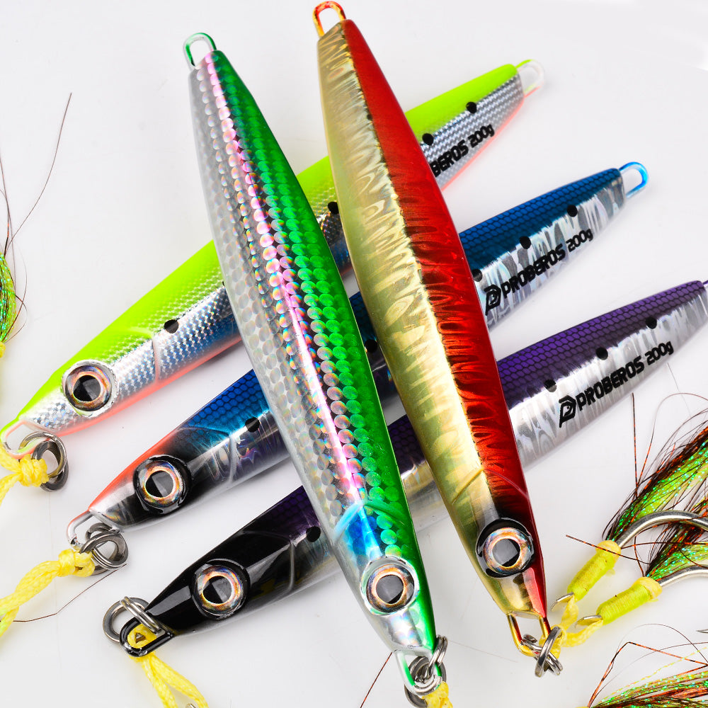 KATYUSHA Saltwater Vertical Jigging Bait, Holographic Gradient Fish Scale Design Metal Jig Lure, 80g-200g, 5 Colors Available with Feather Assist Hook