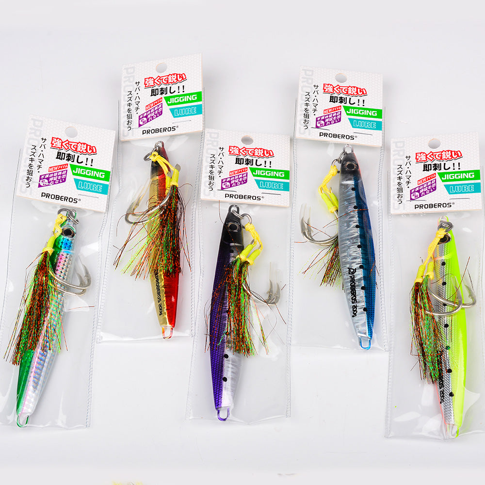 KATYUSHA Saltwater Vertical Jigging Bait, Holographic Gradient Fish Scale Design Metal Jig Lure, 80g-200g, 5 Colors Available with Feather Assist Hook