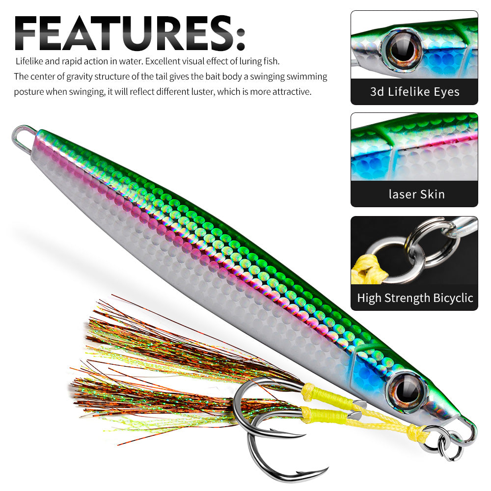 KATYUSHA Saltwater Vertical Jigging Bait, Holographic Gradient Fish Scale Design Metal Jig Lure, 80g-200g, 5 Colors Available with Feather Assist Hook