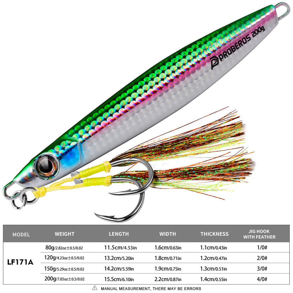 KATYUSHA Saltwater Vertical Jigging Bait, Holographic Gradient Fish Scale Design Metal Jig Lure, 80g-200g, 5 Colors Available with Feather Assist Hook