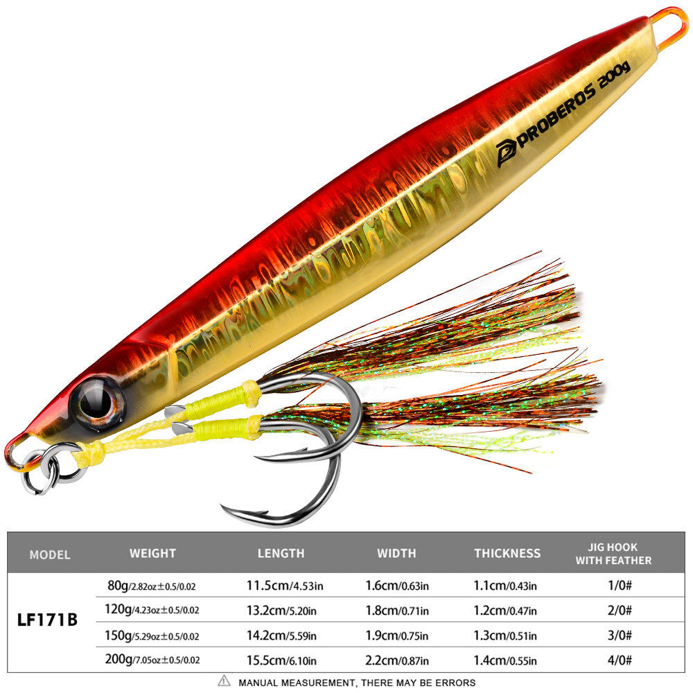 KATYUSHA Saltwater Vertical Jigging Bait, Holographic Gradient Fish Scale Design Metal Jig Lure, 80g-200g, 5 Colors Available with Feather Assist Hook