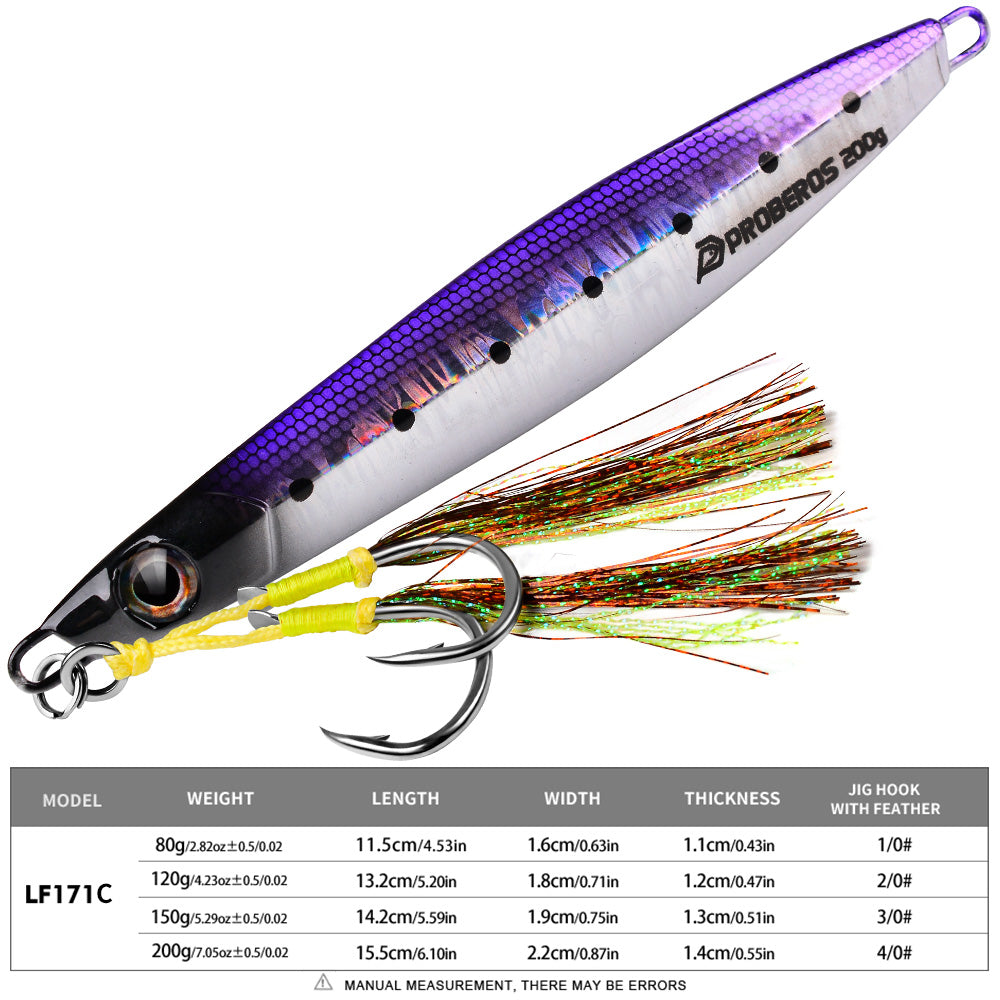 KATYUSHA Saltwater Vertical Jigging Bait, Holographic Gradient Fish Scale Design Metal Jig Lure, 80g-200g, 5 Colors Available with Feather Assist Hook