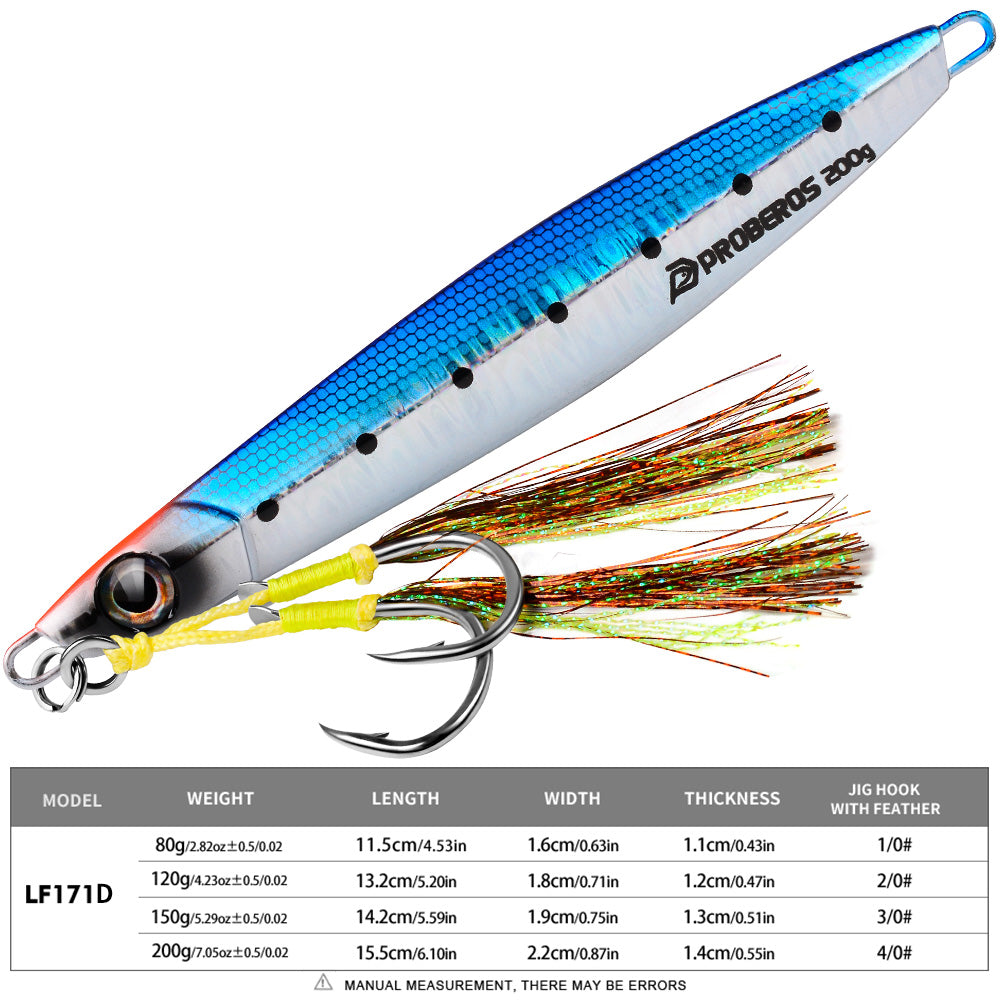 KATYUSHA Saltwater Vertical Jigging Bait, Holographic Gradient Fish Scale Design Metal Jig Lure, 80g-200g, 5 Colors Available with Feather Assist Hook