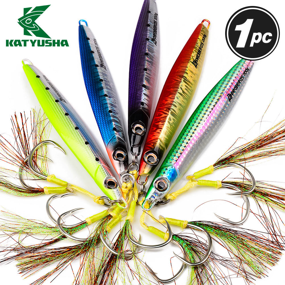KATYUSHA Saltwater Vertical Jigging Bait, Holographic Gradient Fish Scale Design Metal Jig Lure, 80g-200g, 5 Colors Available with Feather Assist Hook