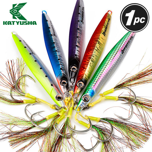 KATYUSHA Saltwater Vertical Jigging Bait, Holographic Gradient Fish Scale Design Metal Jig Lure, 80g-200g, 5 Colors Available with Feather Assist Hook
