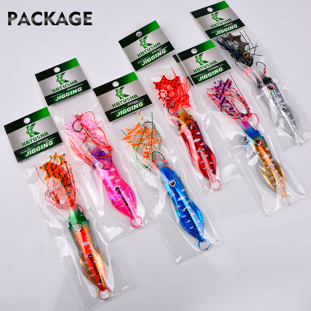 KATYUSHA Saltwater Slow Pitch Jigging Bait with Silicone Skirt Octopus Metal Jig Lure, 40g-200g, 6 Colors Available