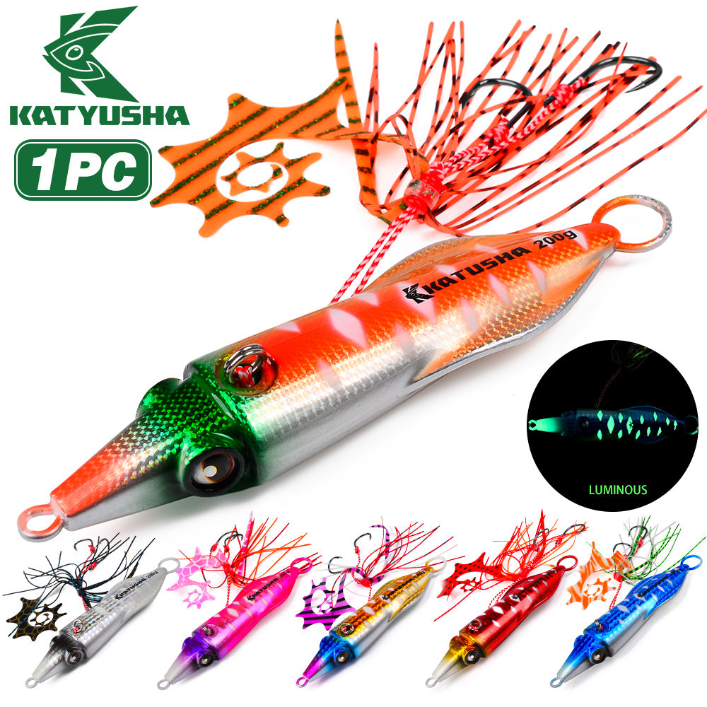 KATYUSHA Saltwater Slow Pitch Jigging Bait with Silicone Skirt Octopus Metal Jig Lure, 40g-200g, 6 Colors Available