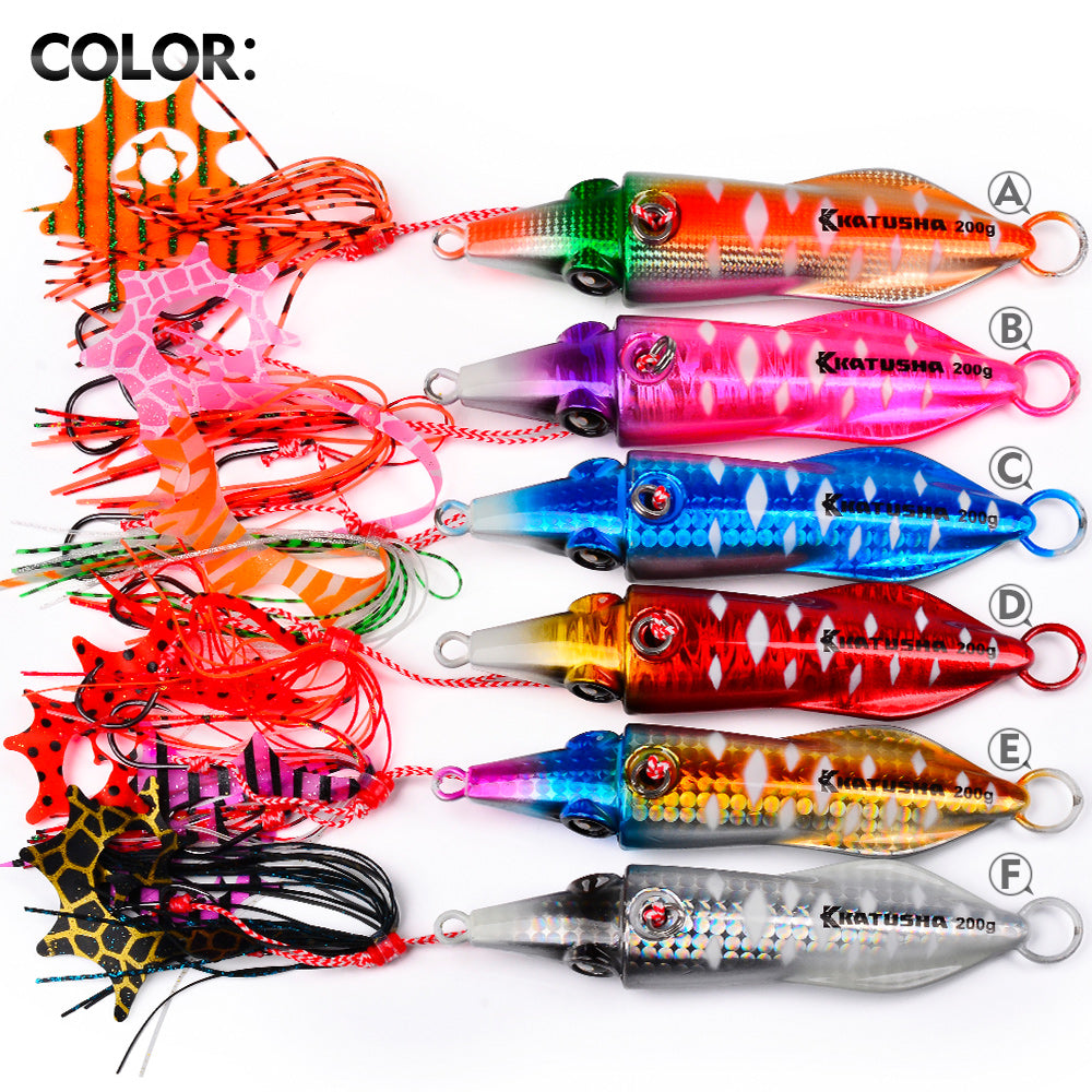 KATYUSHA Saltwater Slow Pitch Jigging Bait with Silicone Skirt Octopus Metal Jig Lure, 40g-200g, 6 Colors Available