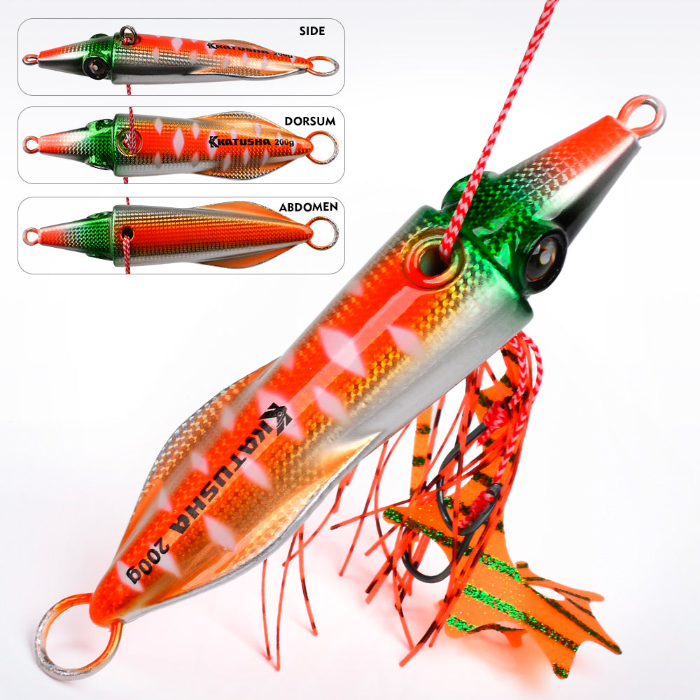 KATYUSHA Saltwater Slow Pitch Jigging Bait with Silicone Skirt Octopus Metal Jig Lure, 40g-200g, 6 Colors Available