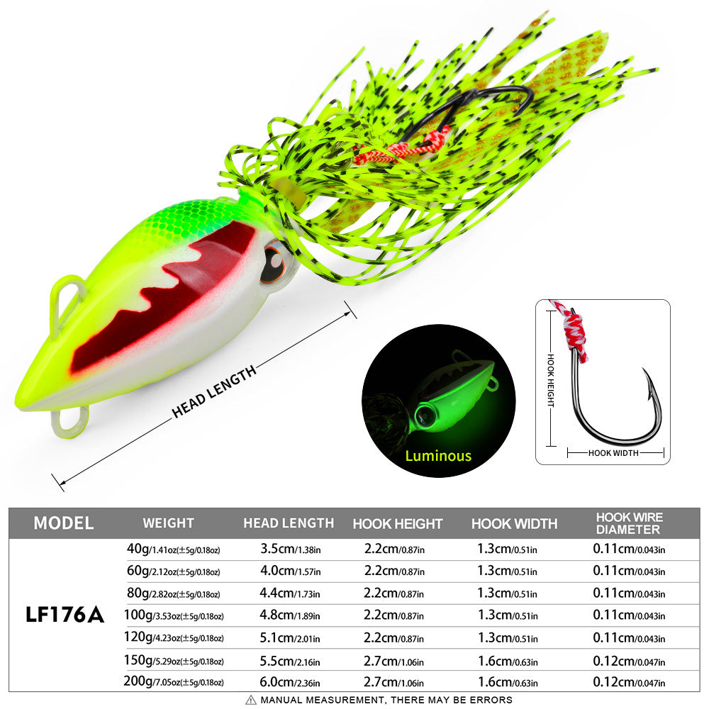 KATYUSHA Octopus Metal Jig Lure, 40g-200g, with Silicone Skirt Saltwater Slow Pitch Jigging Bait, Realistic Squid Design