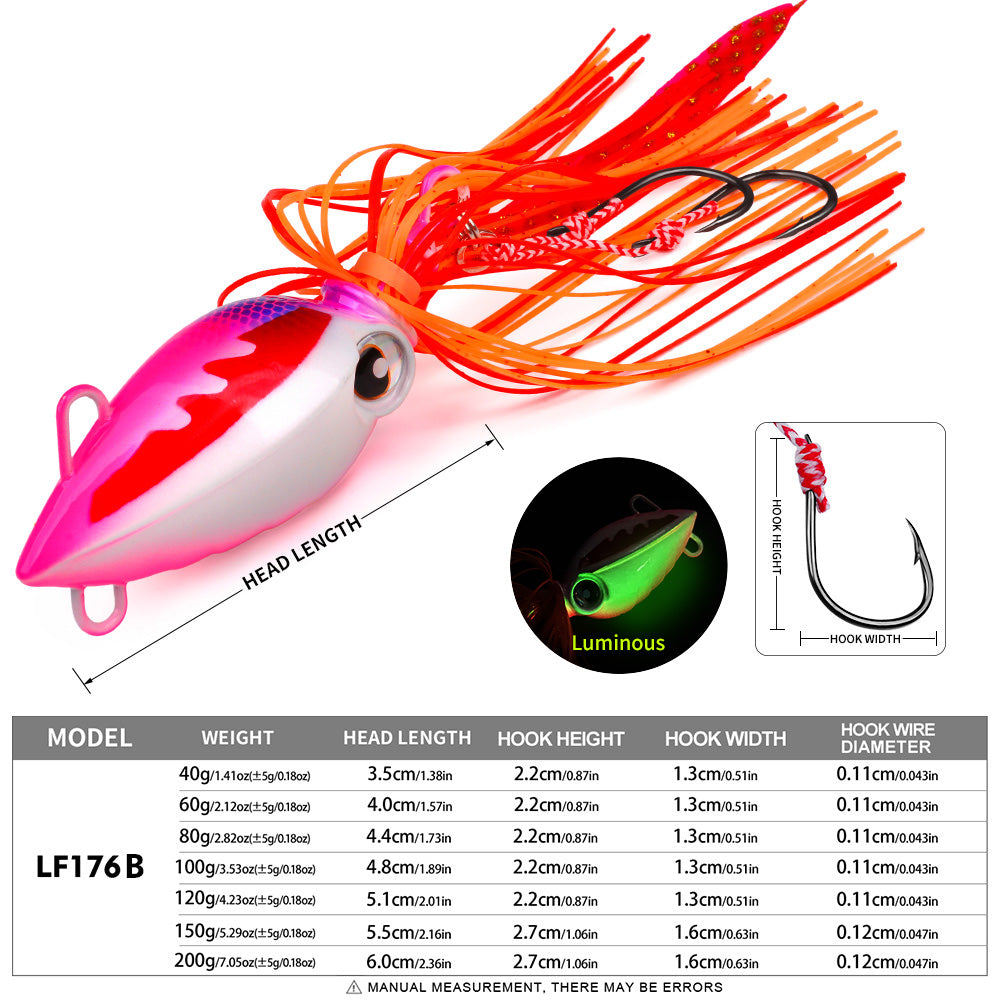 KATYUSHA Octopus Metal Jig Lure, 40g-200g, with Silicone Skirt Saltwater Slow Pitch Jigging Bait, Realistic Squid Design