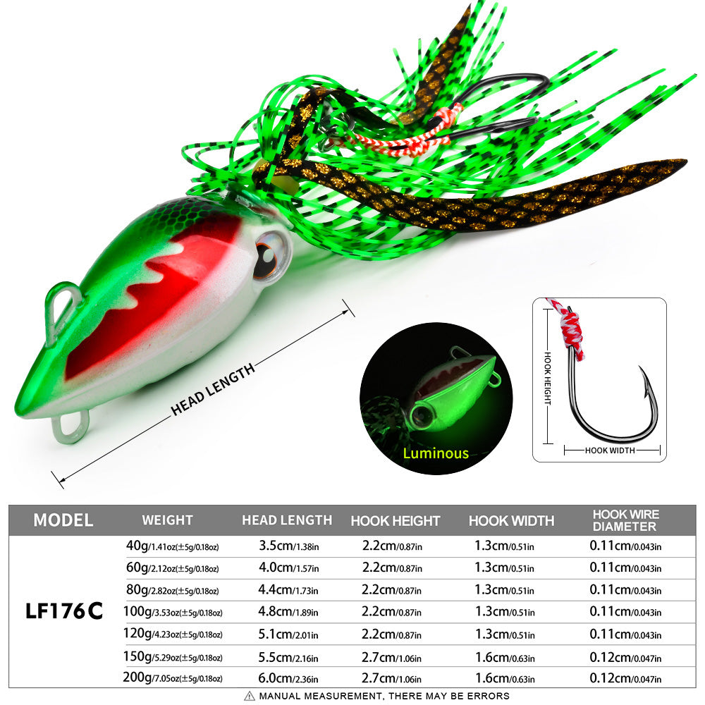 KATYUSHA Octopus Metal Jig Lure, 40g-200g, with Silicone Skirt Saltwater Slow Pitch Jigging Bait, Realistic Squid Design