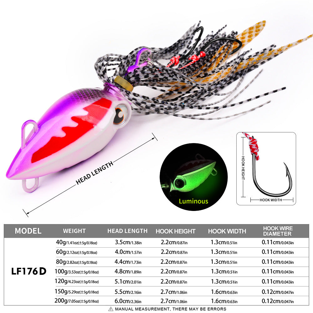 KATYUSHA Octopus Metal Jig Lure, 40g-200g, with Silicone Skirt Saltwater Slow Pitch Jigging Bait, Realistic Squid Design